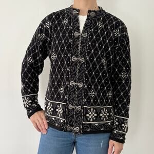 Vintage Sweater Cardigan Black / White Snowflake Womens' Med/Large 100% Cotton